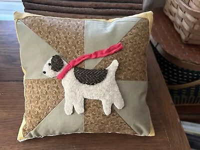 Primitive Stitchery Dog Pillow On Vintage Patchwork • $16.95