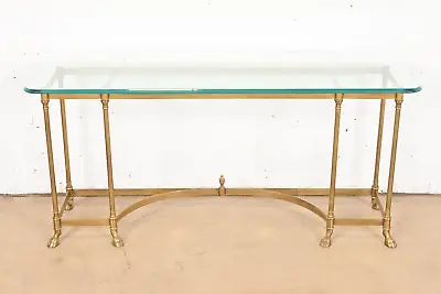 Labarge Hollywood Regency Brass And Glass Hooved Feet Console Table Circa 1960s • $1995