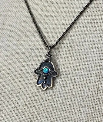 Hagit Gorali Israel Sterling Silver And Opal Hamsa Long Chain Necklace • $49.99