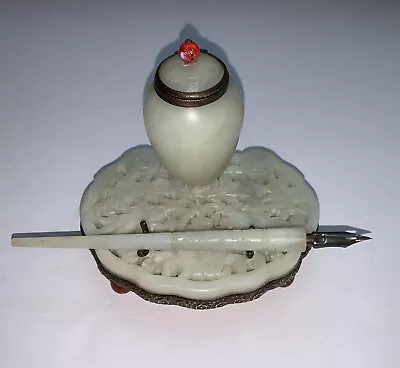 $1200 • Buy Rare Vintage Chinese Carved Jade Inkwell & Pen Stand With Carnelian Feet