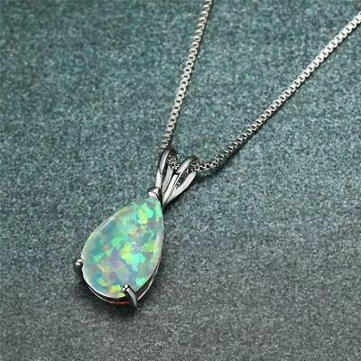 White Opal Stone Pendant Minimalist Droplet Fire Opal Necklace Sterling Silver • $16.90