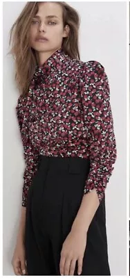 ZARA ❤️ Floral Satin High Neck Scarf Blouse Ditsy Peplum Ruffle Size Back Zip M • £15