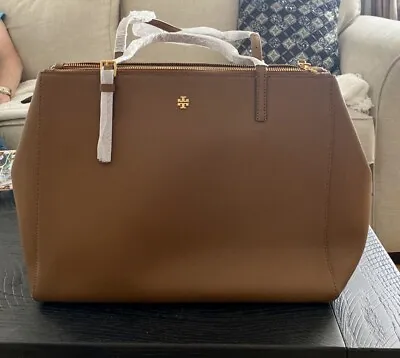 Tory Burch NWT $498 EMERSON Large Double Zip Tote Moose TAN Saffiano Leather Bag • $250