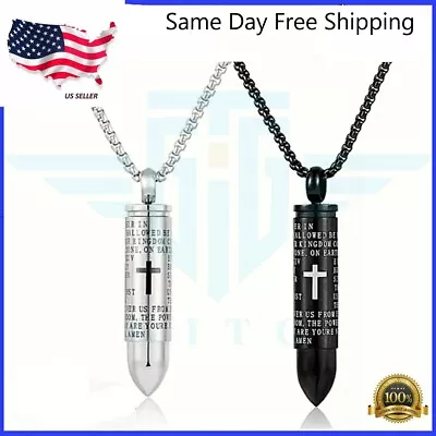 $5.99 • Buy Cross Pendant Necklace Lord's Prayer BULLET Chain Silver Plated English Men 