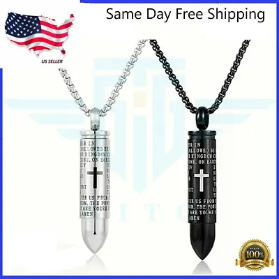 Cross Pendant Necklace Lord's Prayer BULLET Chain Silver Plated English Men  • $5.49