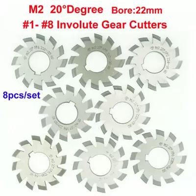 8Pcs/Set HSS M2 Bore 22mm PA 20°Degree #1#2#3#4#5#6#7#8 Involute Gear Cutter Kit • £68.39