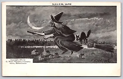 1903 Halloween Postcard Salem 1692 Flying Witch On Broom With Scaredy-cat  • £77.20