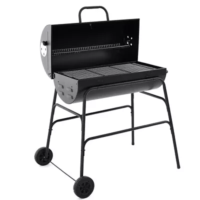 Charcoal BBQPortable Barrel Barbecue With Warming RackTemperature Gauge Wheels • £62.99