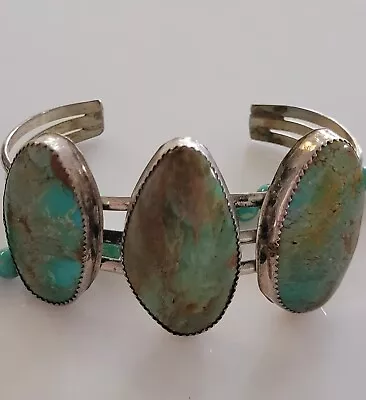 RUSTIC Old Pawn Handmade Vintage STERLING NAVAJO 3 Stone Turquoise Row  Bracelet • $79