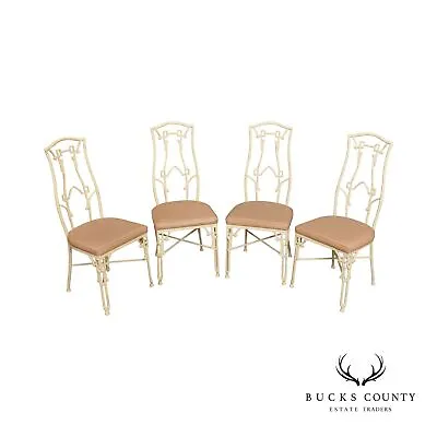 Hollywood Regency Metal Faux Bamboo Set 4 Dining Chairs • $965