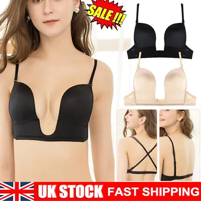 Lady Low Front Bra Deep Plunge U Shape Push Up Bra Flesh Breathable Lingeries UK • £12.24