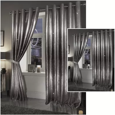 Crushed Velvet Eyelet Curtains Ombre Sparkle Ring Top Lined Pair Bling Tie Backs • £7.25