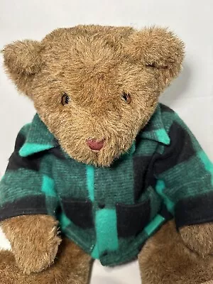 1994 Vermont Teddy Bear Jointed Plush Stuffed 15  Vintage Plaid Shirt Jacket EUC • $20.95