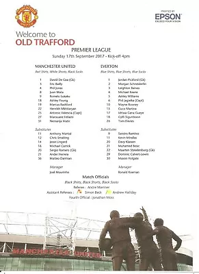 MAN UTD V EVERTON Sun 17 Sept 2017 (folded OFFICIAL CLUB TEAM SHEET ONLY) • £1