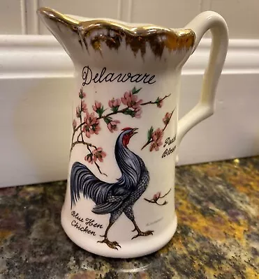 Vintage Delaware Blue Hen Souvenir Pitcher D. Rudeman USA Gold Trim 3.75” High • $14.99