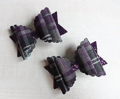 Handmade Set Of 2 School Hair Bows In Purple Tartan Fabric/glitter..(clips) • £8