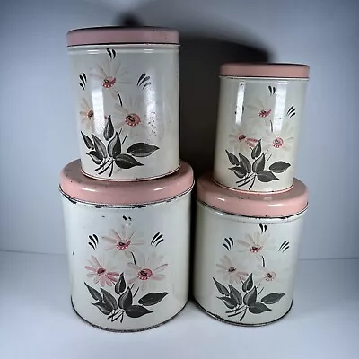 Set Of 4 Vintage NC Colorware Pink Daisy Metal Tin Canisters - See Pictures • $35