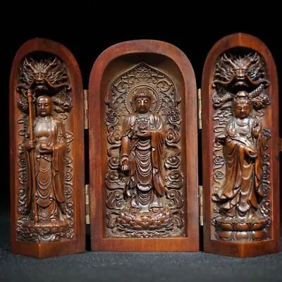 £38.39 • Buy Vintage Japanese Netsuke Old Boxwood Carved Three Open Buddha Box Statue #1