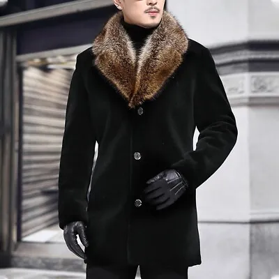 $47.58 • Buy Mens Trench Coat Parka Woolen Faux Fur Overcoat Fur Collar Outdoor Jacket
