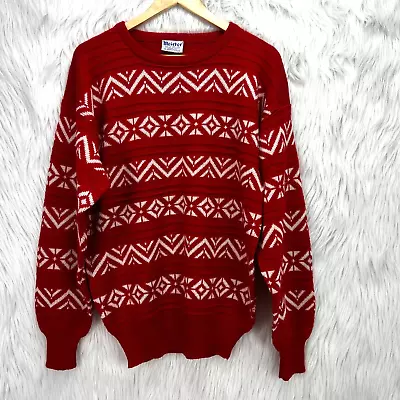 Meister VTG Mens Sz L Red Nordic Print Wool Blend Pullover Crewneck Ski Sweater • $27.19