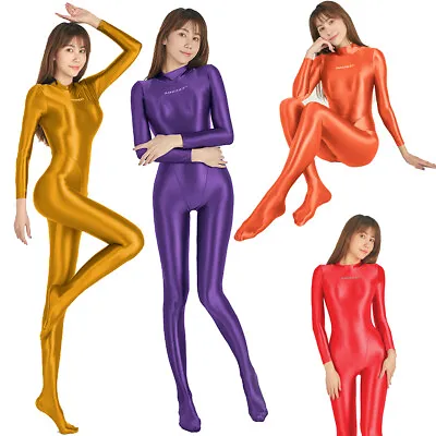 Women's Shiny Glossy Jumpsuits Playsuits Overalls Wetlook Tights Leotard Catsuit • £36.82