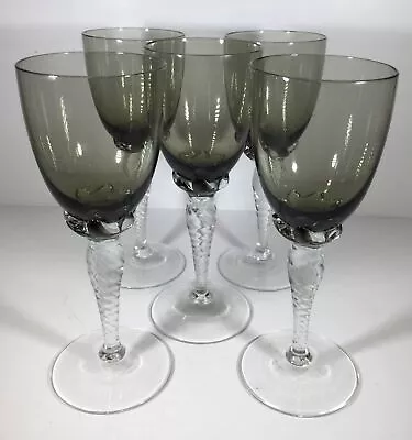 5 X VINTAGE SMOKY HAND BLOWN GLASS WINE GLASSES With CLEAR TWIST STEMS 17cm Tall • £9.99