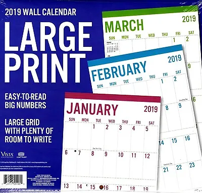 Vista Large Print - 12 Month 2019 Wall Calendar - Big Blocks Easy To Read + 120 • $11.99