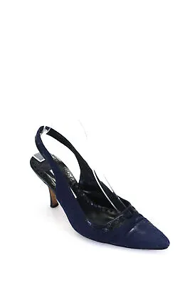 Manolo Blahnik Womens Pointed Toe Slingback Heels Navy Blue Size 7.5US 37.5EU • $49.21