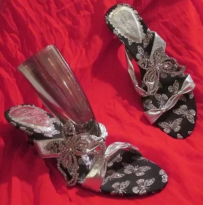 Glamorous Silver And Black Butterfly Design Leather & Rhinestone Shoes Size 39 • £56.90