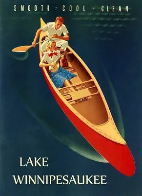 $9.99 • Buy 1950s Lake Winnipesaukee New Hampshire Travel Ad Art Print Poster. Canoe 