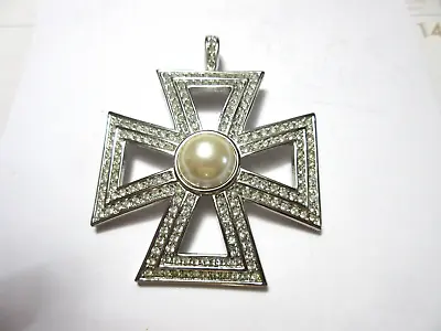 Vintage Signed ANN MILLER Faux Pearl & Rhinestone Huge Maltese Cross Pendant • $49.99