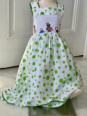 Cindy’s Smocked Frog Green And White Polka Dot Dress Girls Size 5 • $19.99