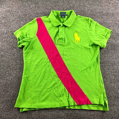 Ralph Lauren The Skinny Polo BIG PONY Shirt Womens XL Green Pink Stripe Rugby • $14.69
