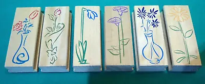 £3.99 • Buy 6 Flowers Floral 10x4cm Rubber Crafting Stamps On Wooden Block Card Making Etc
