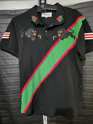 Reason Polo Shirt Mens L Black Panther Embroidered Green Stripped Short Sleeve • £15
