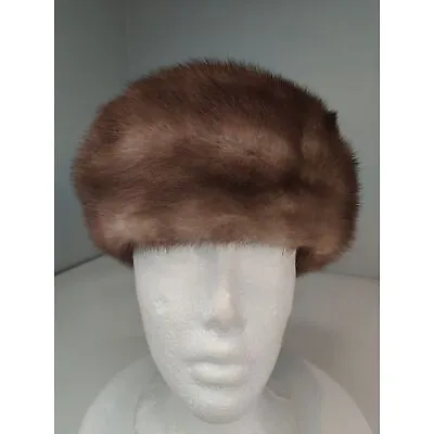 Vintage Brown/Beige Mink Fur Beret Hat With Pink Bow From Canada 20.5  • $100