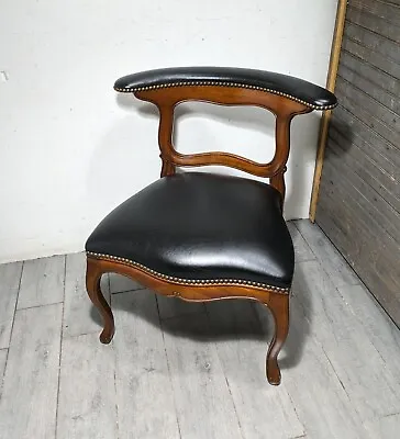 Vintage Mid Century Louis XV French Provincial Walnut & Leather Slipper Chair A • $405