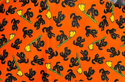 $18.99 • Buy Vintage Happy HALLOWEEN Fabric Hallmark Wamsutta Black Cat On Broom 2 Yds 45” W