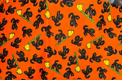$18.99 • Buy Vintage Happy HALLOWEEN Fabric Hallmark Wamsutta Black Cat On Broom 2 Yds 45” W