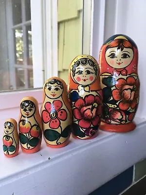 Vtg Russian Matryoshka Dolls Complete Set 5 Hand Painted Nesting Dolls Excellent • $35