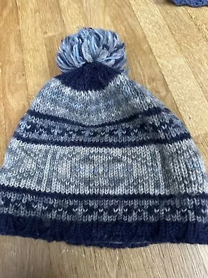 Pachamama Hat Bobble Blue Grey Warm Wool • £10