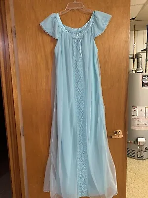 1960s Vintage Blue Turquoise Chiffon Cap Sleeve Nightgown • $30