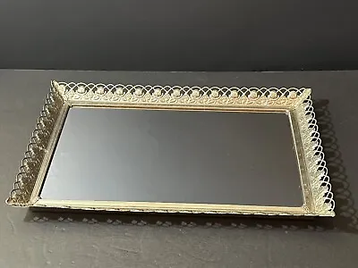 Silver Tone Embossed Roses Filigree Rectangle Footed Mirror Dresser Vanity Tray • $22.39