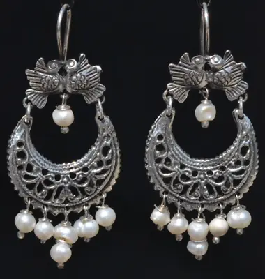 Taxco Mexican 925 Silver Kissing Birds Pearl Dangle Earrings Frida Kahlo Style • $65.44