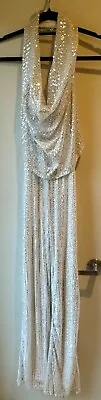 Silver Sequin Disco Halter Cowl Neck Bell Bottom Backless Jumpsuit Small • $34.99