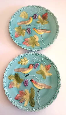 Antique Majolica Pottery 6.5  Plates Zell Germany Birds And Grapes Set Of 2 • $44.99