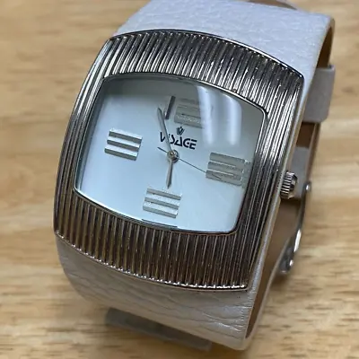 Visage 17380 Unisex Beefy Silver Barrel Leather Analog Quartz Watch~New Battery • $27.99