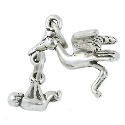 Stork With Baby Bundle Movable 3D 925 Solid Sterling Silver Charm MADE IN USA • $18.95