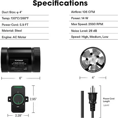 VIVOSUN Inline Booster Duct Fan  HVAC Exhaust Ventilation Fan W/Speed Controller • $29.99