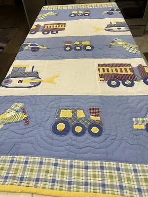 Vtg Quilted Comforter/2 Shams TrainAirplaneFire Truck  79.5” H  X  73” L  Full • $75